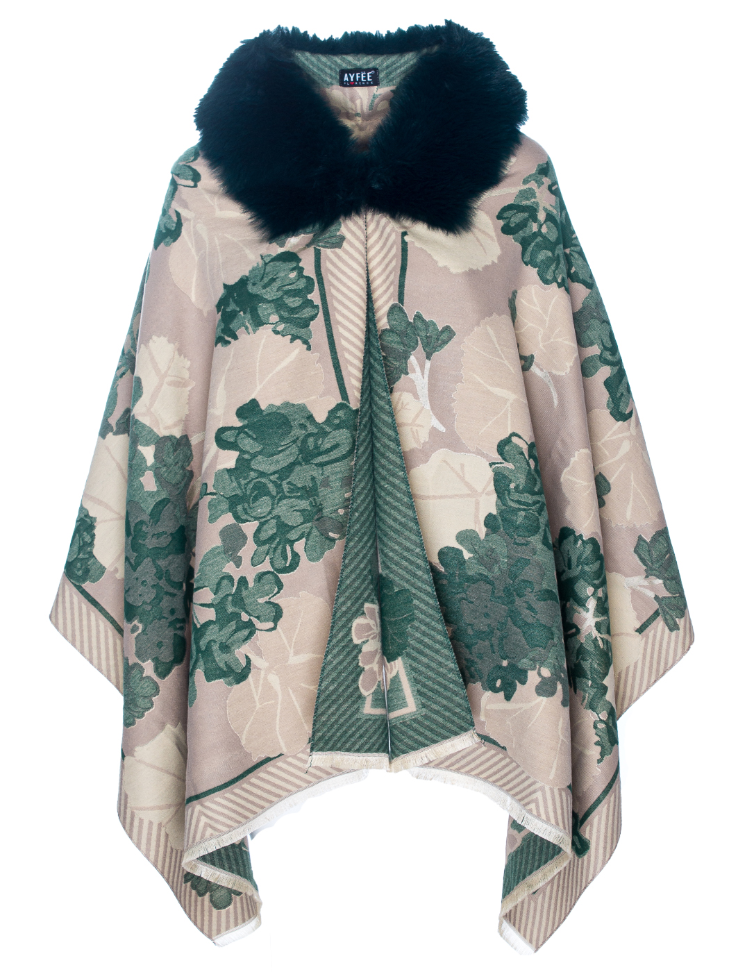 MANTELLA CON COLLO IN PELLICCIA FLOWER AND LEAVES JACQUARD, TG UNICA - GREEN
